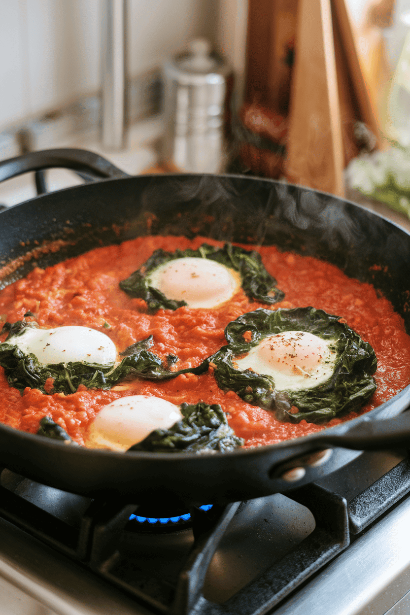 Indoor stovetop shot of a cast-iron pan holding simmering tomato-pepper sauce dotted with poached eggs and wilted spinach, steam gently rising. No text or logos visible.
