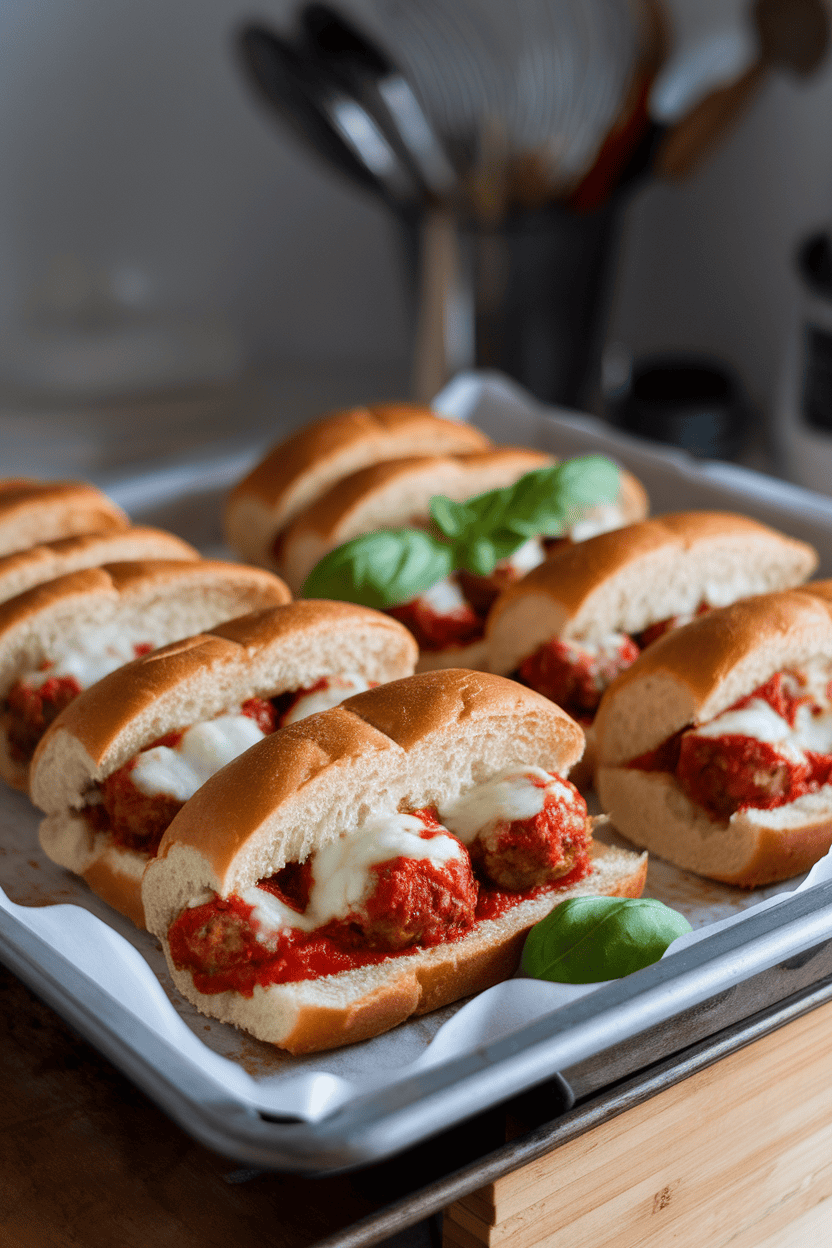 Indoor photo of a baking sheet lined with toasted sub rolls stuffed with marinara-coated meatballs and melted mozzarella; no text or logos.