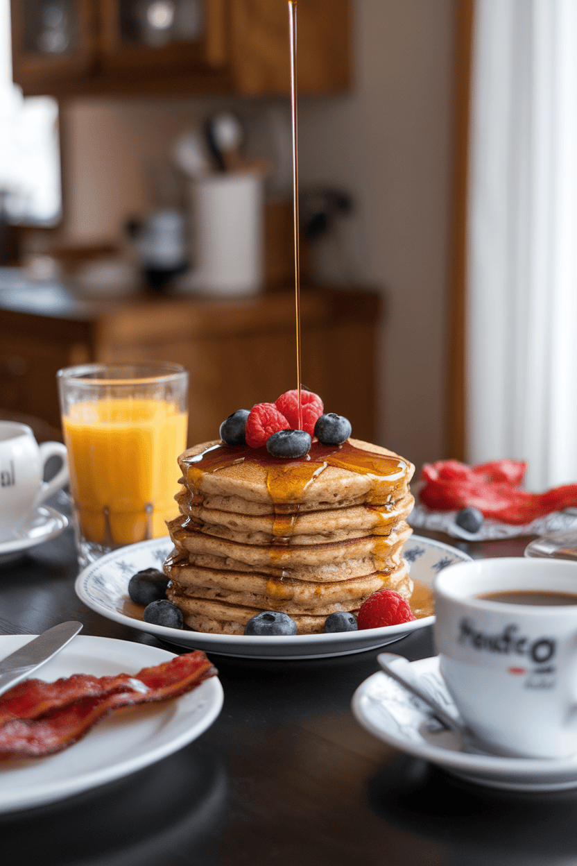 Photo, indoor breakfast table, a stack of fluffy oatmeal pancakes drizzled with maple syrup and topped with fresh berries; no text or logos.