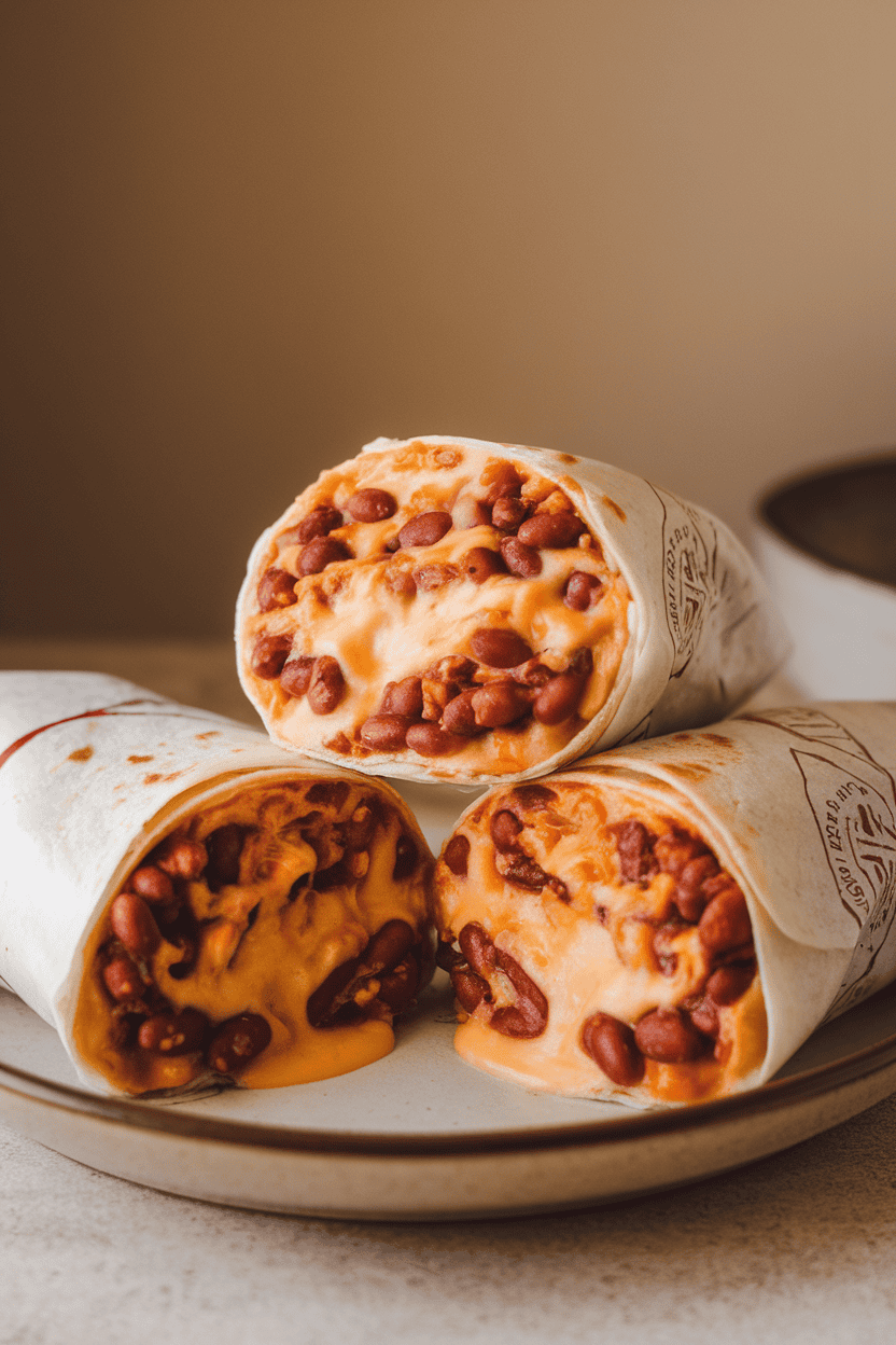 Photo of two tightly wrapped bean and cheese burritos cut in half to show melty filling, plated indoors on a plain dish; no text or logos.