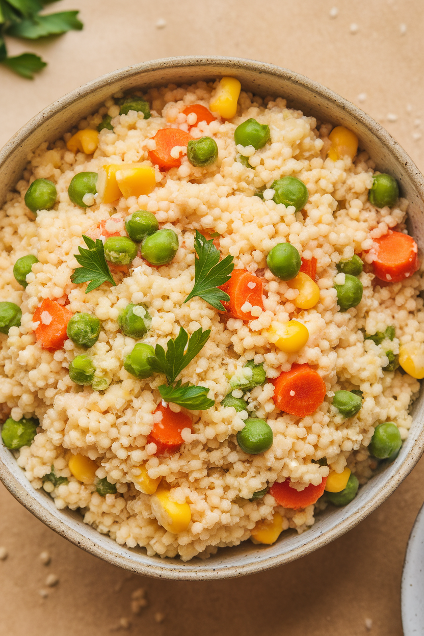 Indoor photo of a shallow bowl filled with fluffy couscous dotted with peas, carrots, and corn, garnished with parsley. No text or logos.