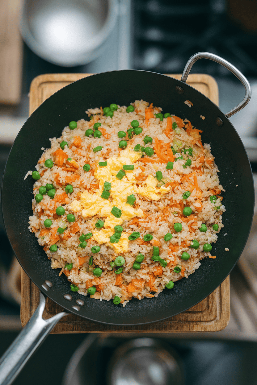 Indoor photo of a wok filled with colorful fried rice—peas, carrots, scrambled egg, and green onions—captured from above, no text or logos