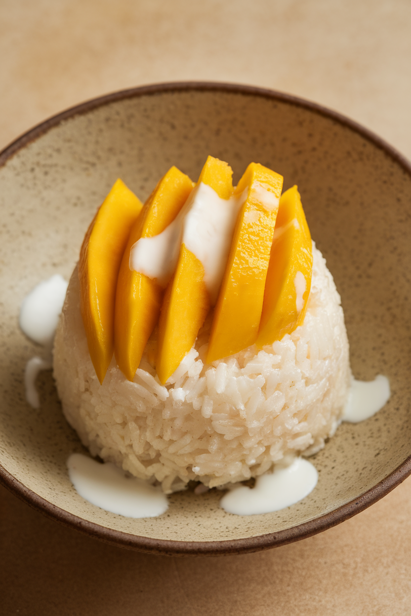 Indoor photo of a shallow bowl with coconut sticky rice shaped in a mound beside sliced ripe mango; drizzle of coconut cream over rice; no text or logos. Photo, not illustration.