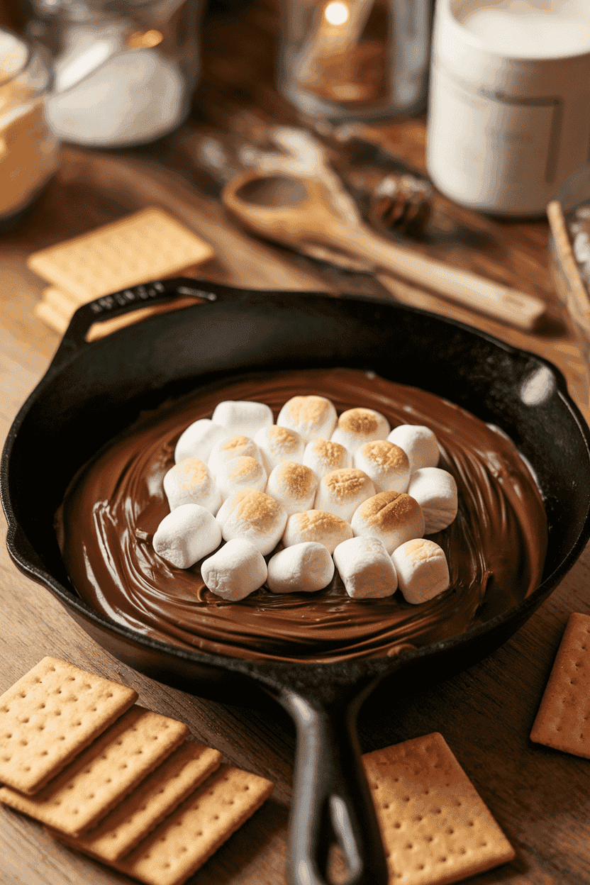 A cast-iron skillet indoors showing melted chocolate topped with toasted marshmallows, graham crackers on the side—photo, no text or logos.