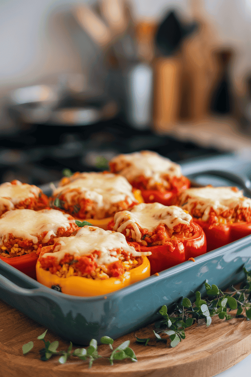 An indoor baking dish with colorful bell peppers stuffed with rice, ground turkey, and tomato sauce, cheese browned on top. No text or logos showing.