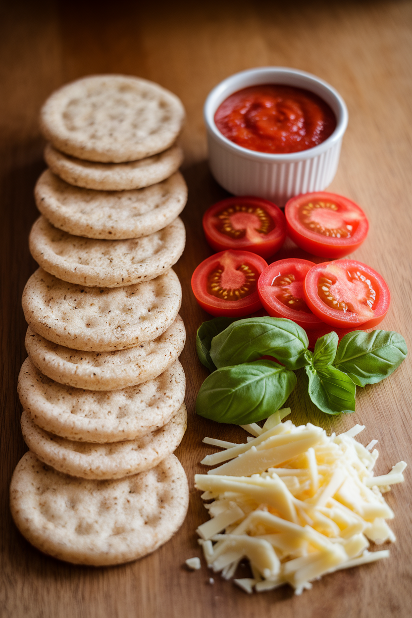 Indoor image of plain mini rice cakes, tomato sauce cup, sliced grape tomatoes, fresh basil ribbons, and shredded part-skim mozzarella lined up neatly—no text or logos.