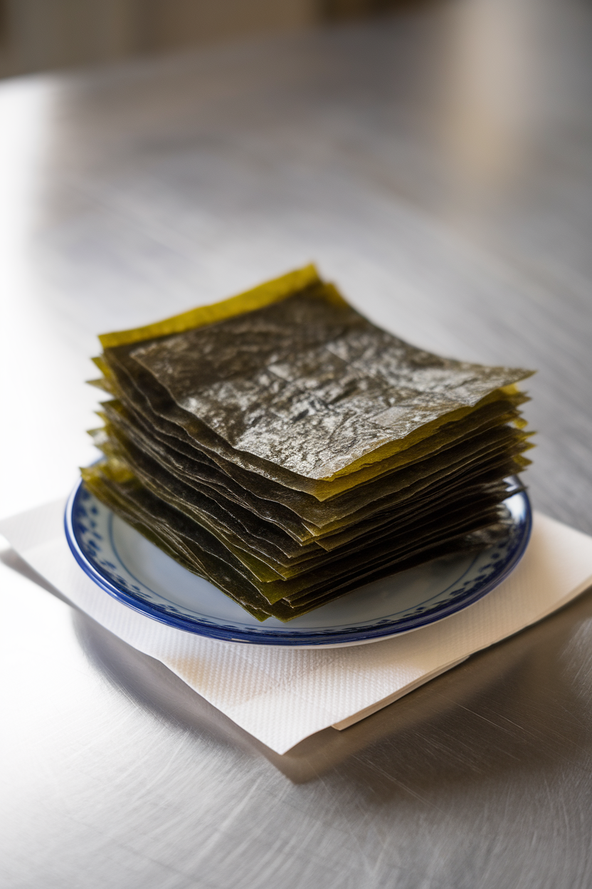 Photo — an indoor break-room table with a tidy stack of crisp roasted seaweed sheets on a small plate. Even lighting; no text or logos visible.