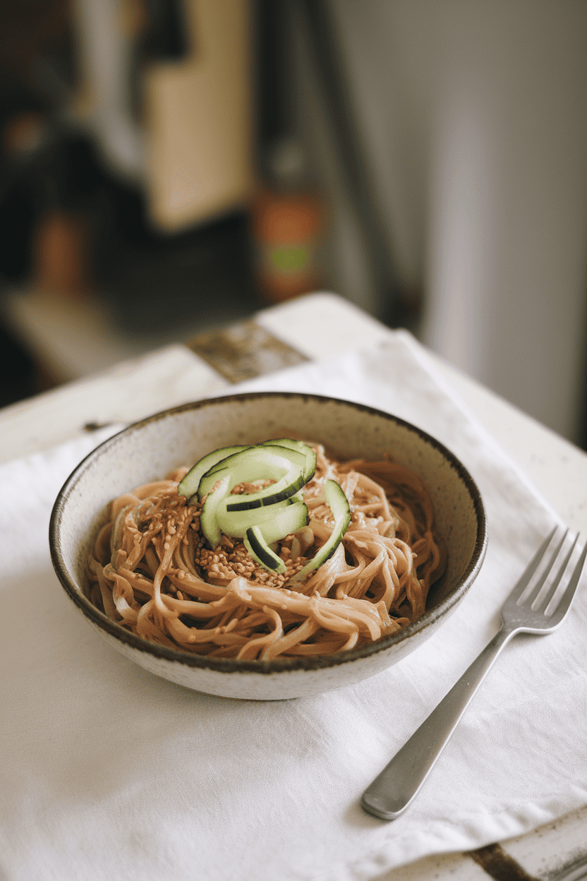 Photo prompt: Indoor table with a shallow bowl of chilled sesame noodles garnished with cucumber ribbons and sesame seeds; no logos, no text.