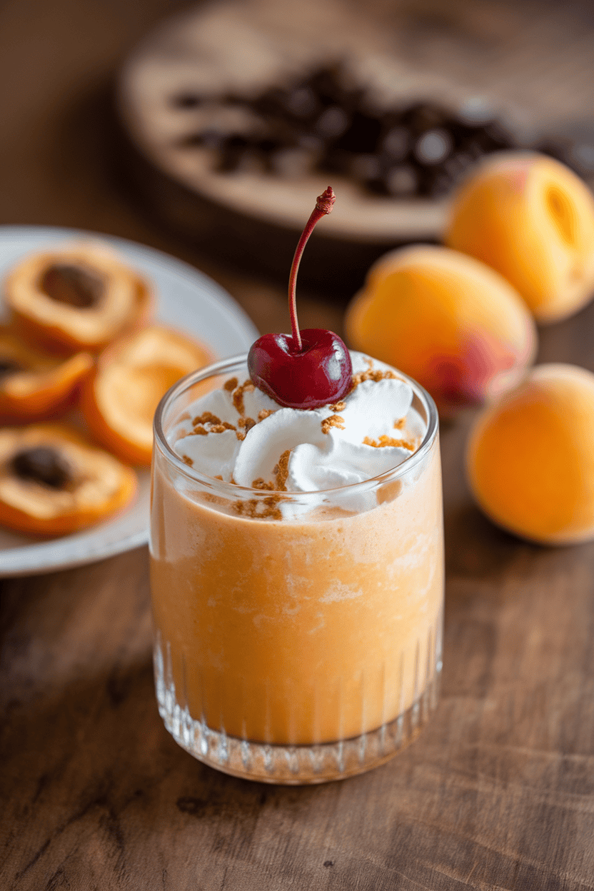 Indoor scene showing a soft orange smoothie in a small glass, dried and fresh apricots displayed on a plate. Photo, no text or logos.