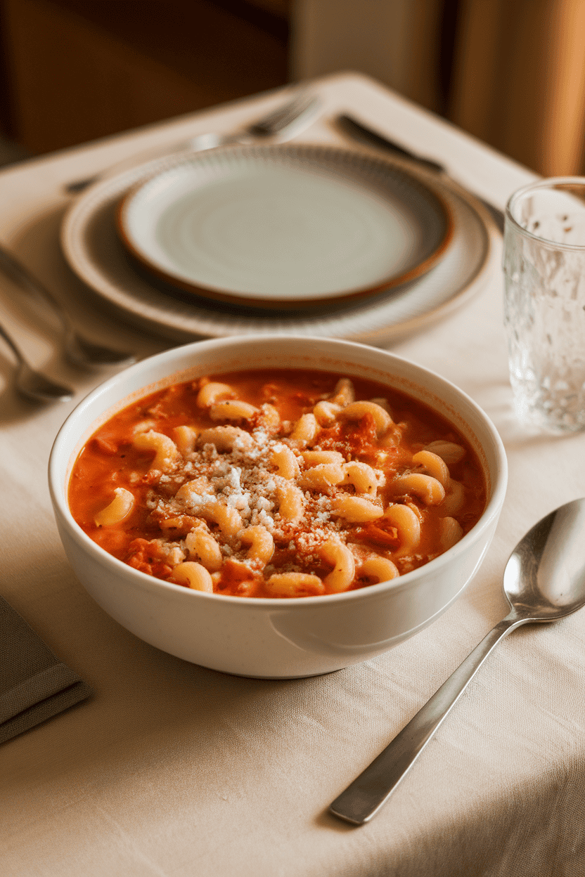 Indoor kitchen table with a bowl of pasta e fagioli soup—small ditalini pasta, cannellini beans, and tomato broth—sprinkled with Parmesan. No text or logos, warm light. Photo only.