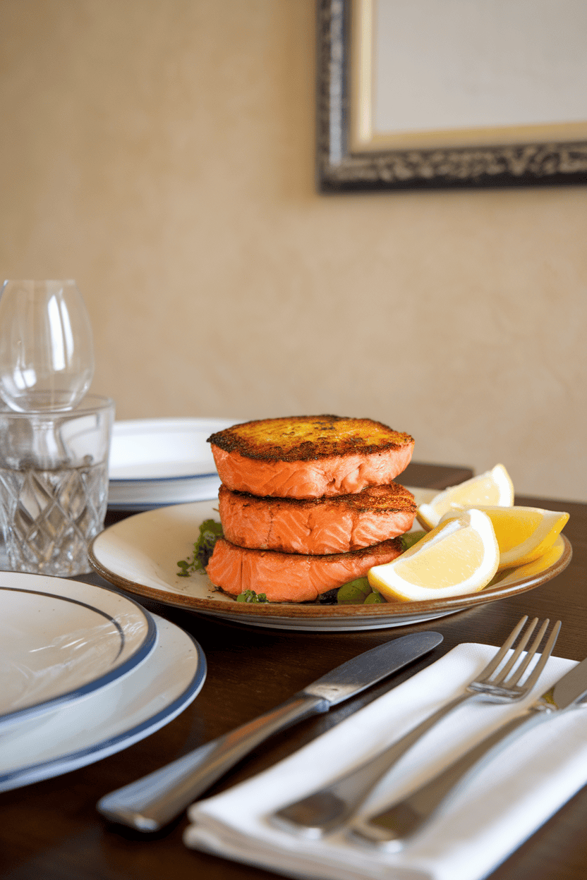 An indoor dinner table featuring golden brown salmon patties stacked on a plate with a side of lemon wedges. Cooked fish only; photo; no text or logos.