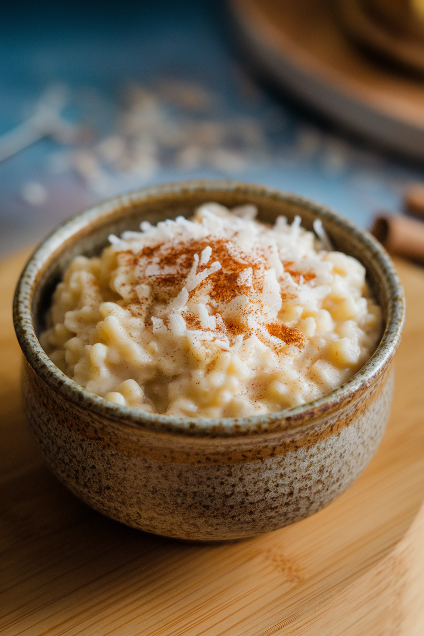 Indoor photo of a ceramic bowl filled with creamy rice pudding dotted with shredded coconut and a sprinkle of cinnamon. Photo only, no logos or text.