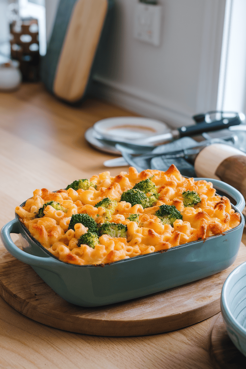 Indoor kitchen counter showing a casserole dish of baked macaroni and cheese with bright green broccoli florets peeking through the cheesy top, no text or logos.