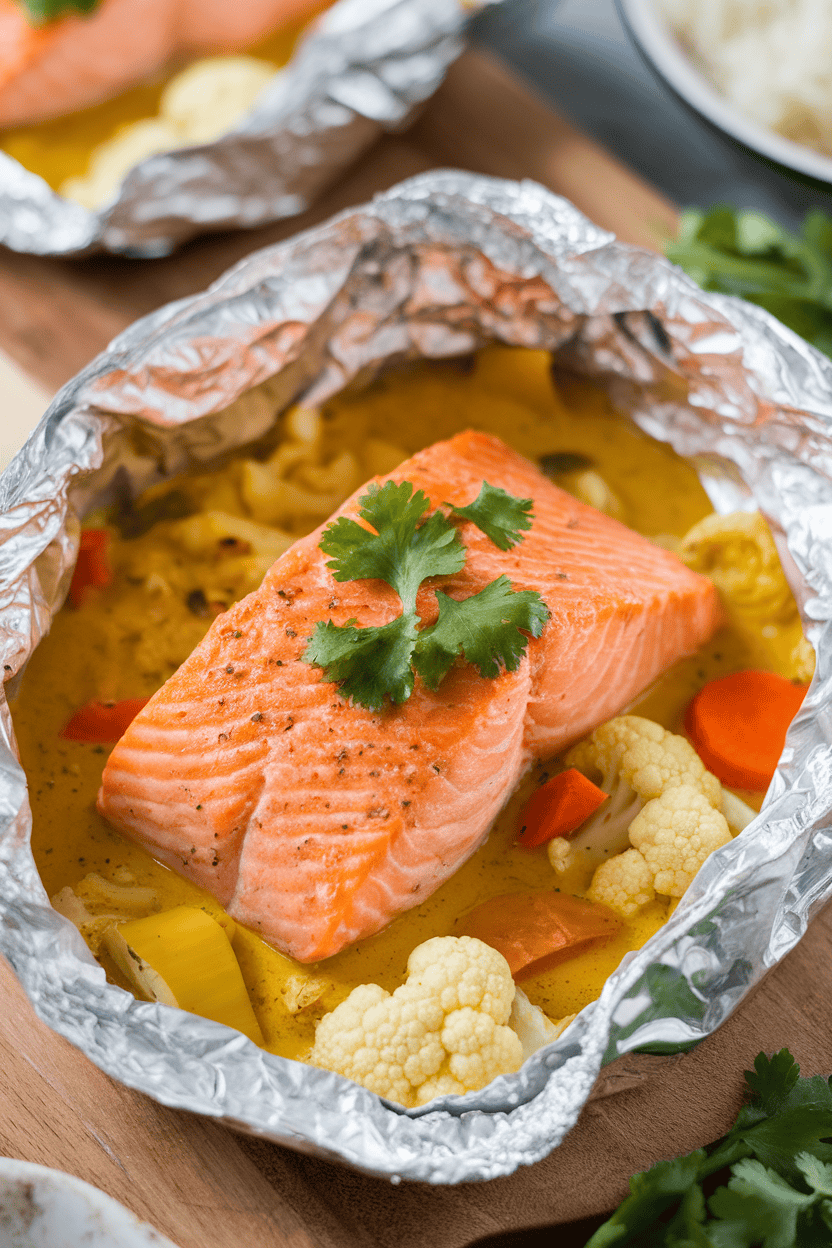 Warm indoor photo featuring cooked salmon bathed in golden coconut curry sauce inside a foil packet, garnished with cilantro. No text or logos visible.