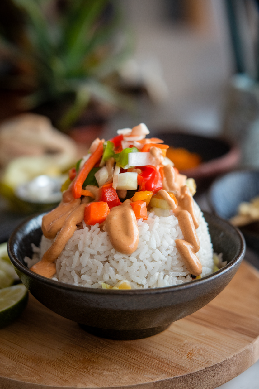 An indoor tabletop image of a bowl of fluffy coconut rice drizzled with creamy peanut sauce, topped with diced vegetables. No logos or text anywhere.