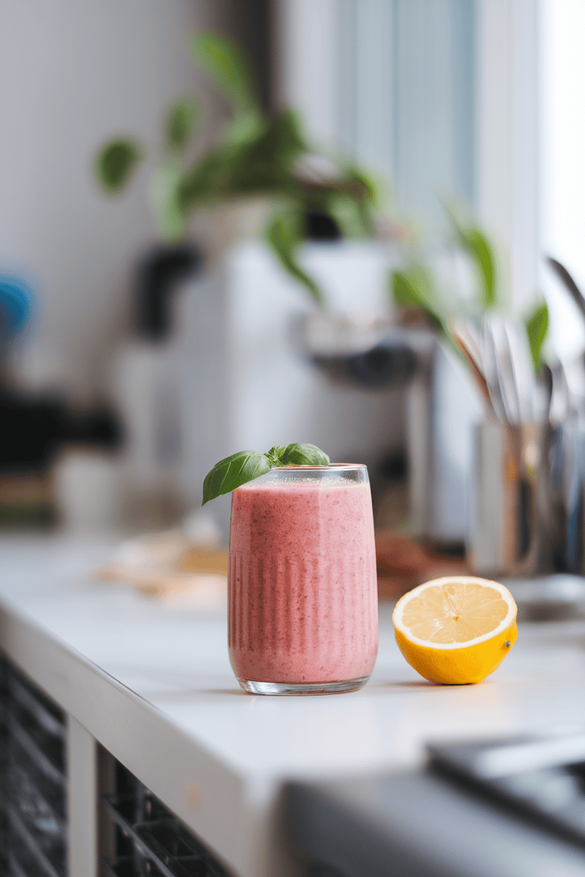 Indoor counter with a rosy smoothie, a basil leaf floating on top and a halved lemon nearby. Photo, no text or logos.