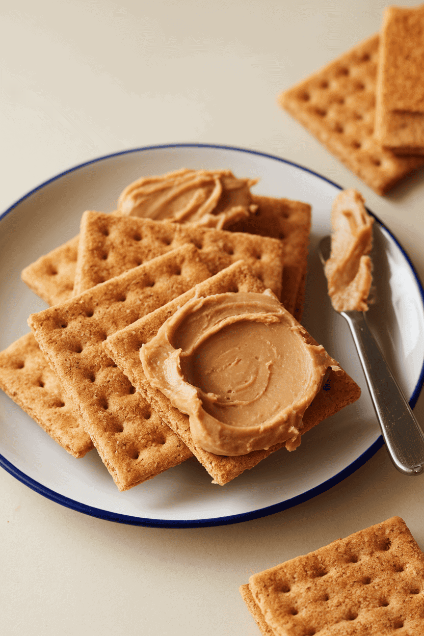 Indoor plate with square graham crackers partially spread with creamy sunflower seed butter, small butter knife alongside. Soft light, no text or logos, photo only.