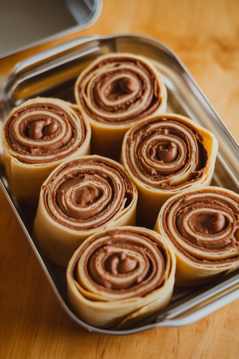 Indoor dessert-plate photo of thin crepes spread with chocolate hazelnut spread, rolled and sliced into pinwheels, arranged in a lunch container. No visible text or branding.