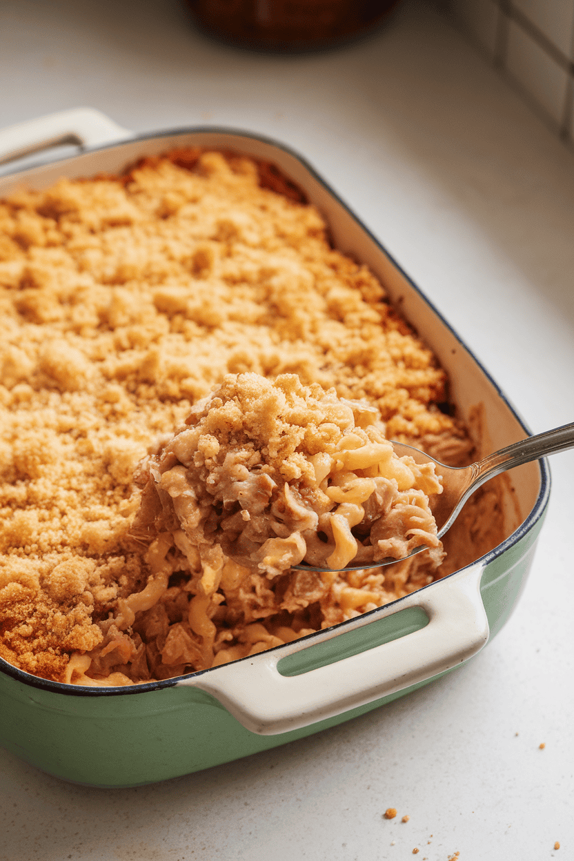 Photo of an indoor countertop with a vintage-style baking dish of tuna noodle casserole topped with golden breadcrumbs, a serving spoon scooping out a portion. No text or logos visible.