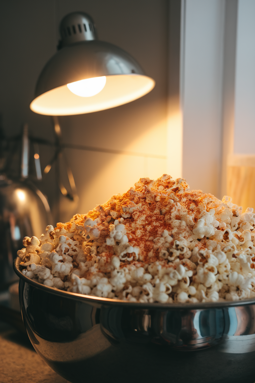 A cozy indoor countertop scene featuring a large metal bowl brimming with freshly popped popcorn dusted with paprika and grated parmesan, soft warm lighting, no text or logos, photo not illustration.