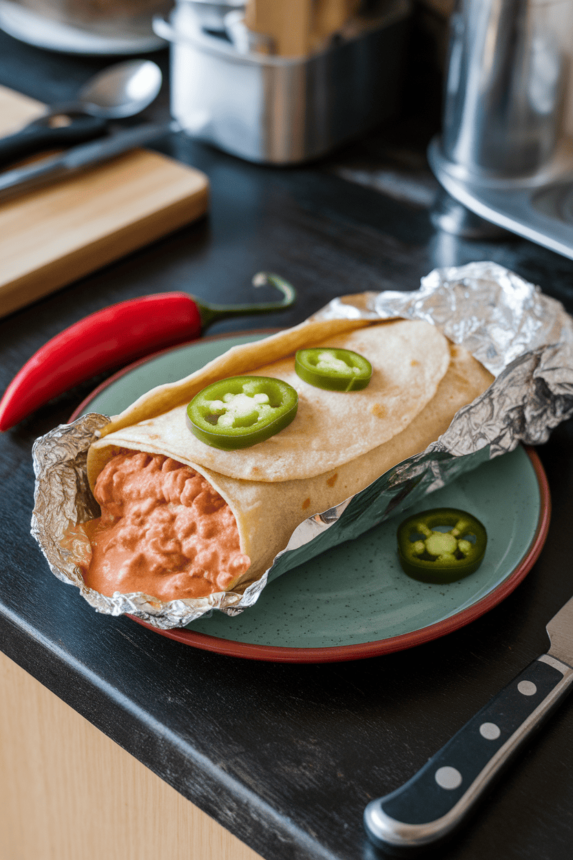 An indoor kitchen counter featuring a burrito oozing creamy refried beans and dotted with jalapeño slices. No text or logos. Photo, not illustration.