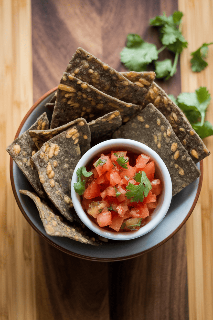 An indoor snack bowl of baked blue corn tortilla chips beside a ramekin of chunky tomato salsa flecked with cilantro. No text or logos. Photo only.