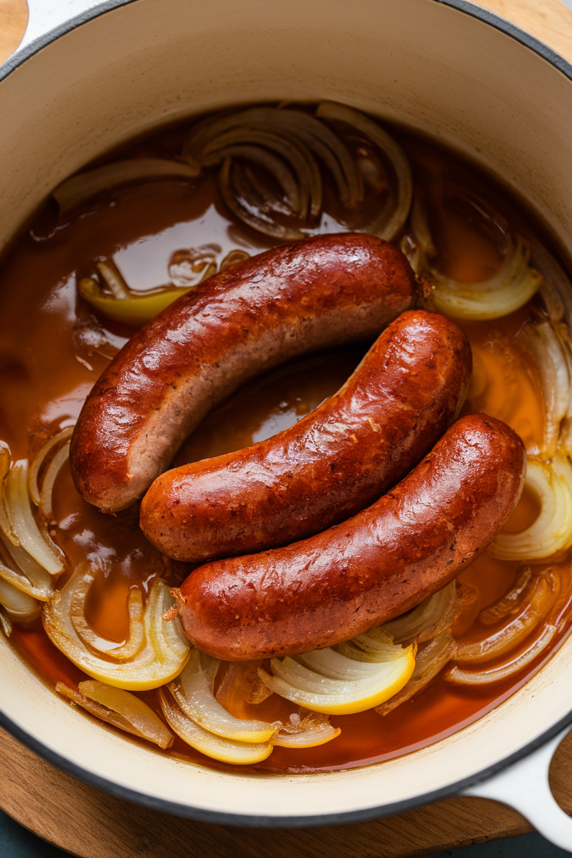 Indoor photo of browned bratwursts resting on soft onions in a shallow pool of amber liquid inside a Dutch oven. No text or logos present.