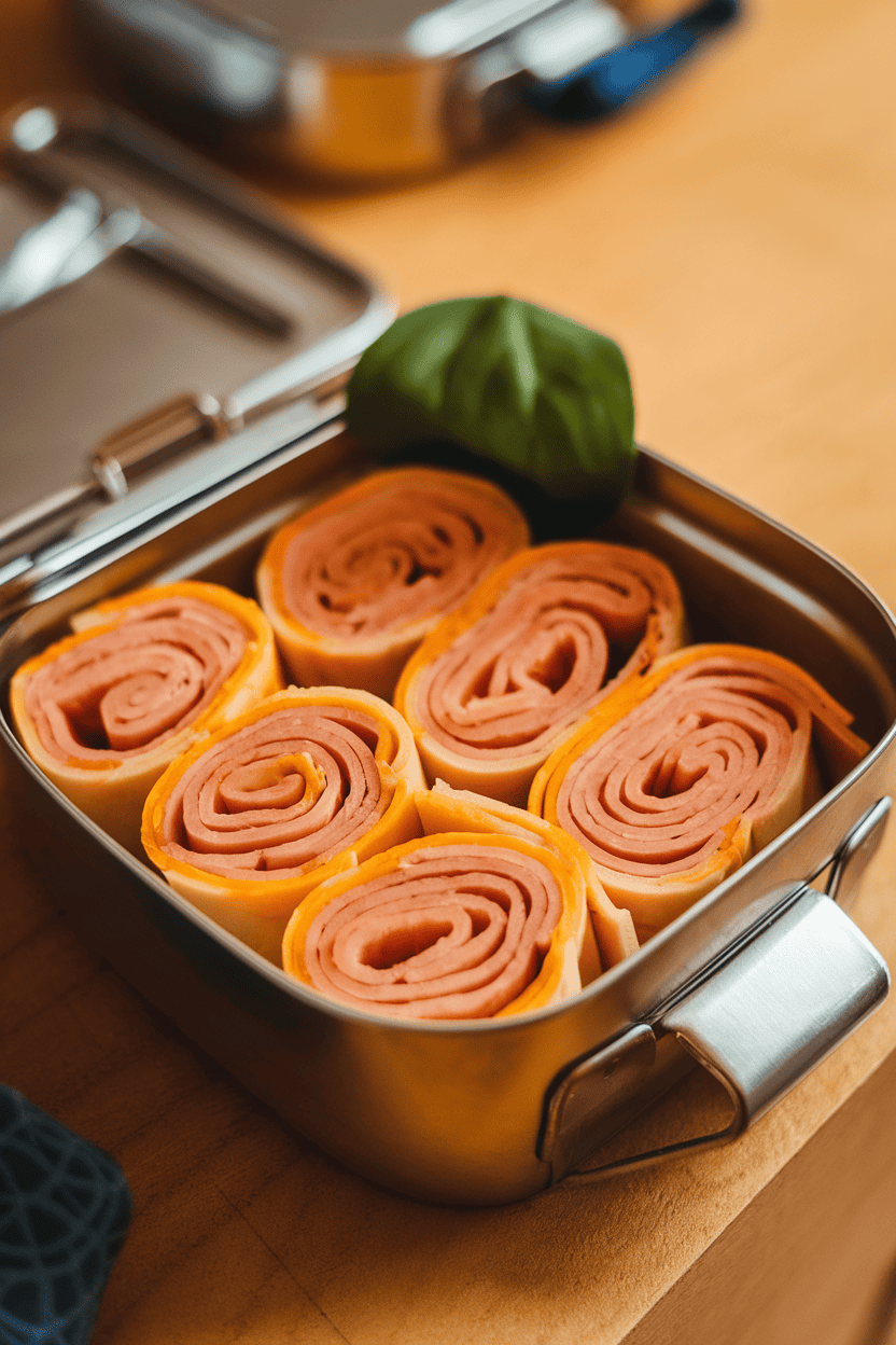 Photo taken indoors of sliced turkey and cheddar pinwheels arranged in neat rows inside a stainless-steel lunch box. Warm ambient lighting, no text or logos in view.