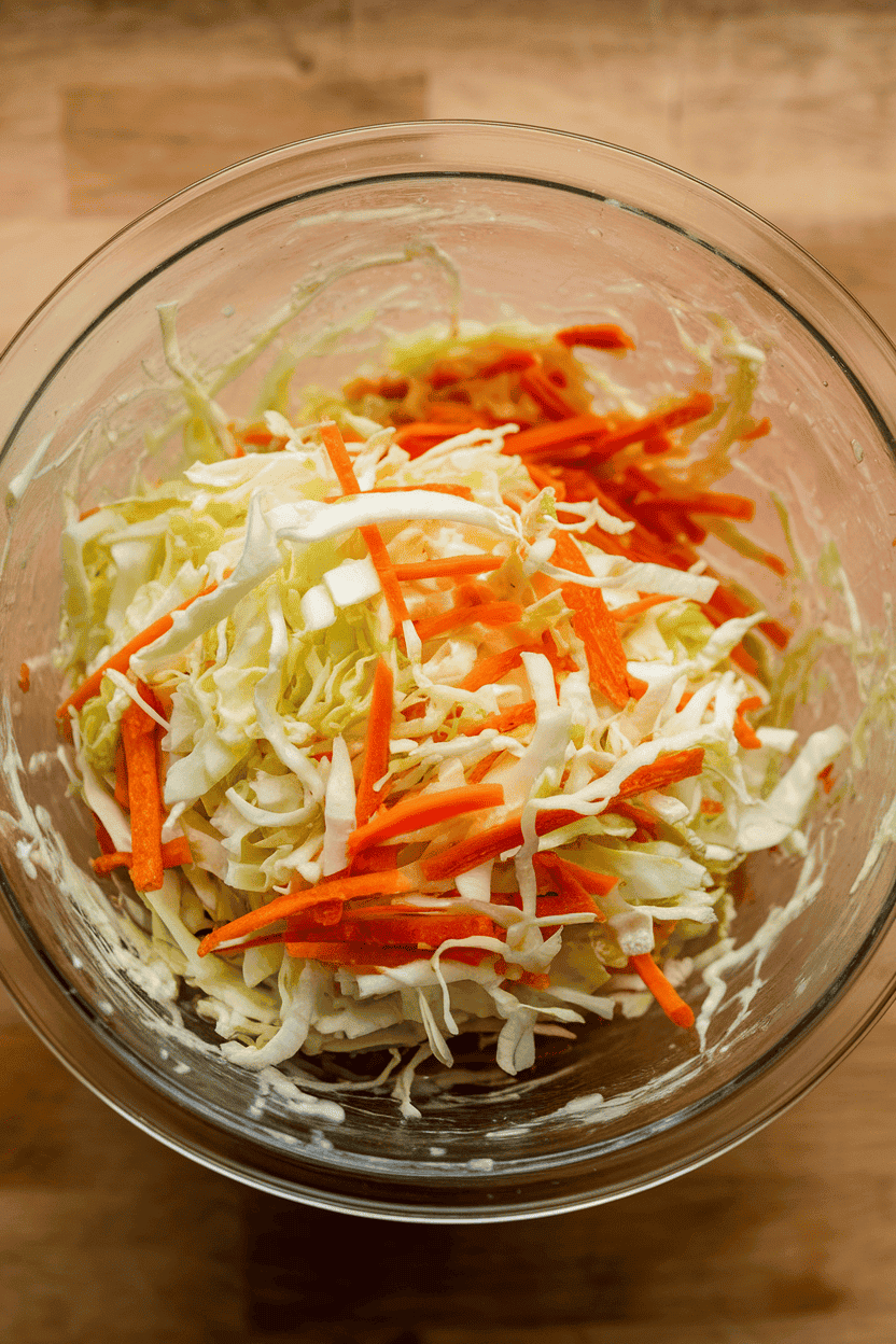 Indoor photo of shredded cabbage and carrot coleslaw coated lightly in vinaigrette, presented in a glass mixing bowl. No logos or text.