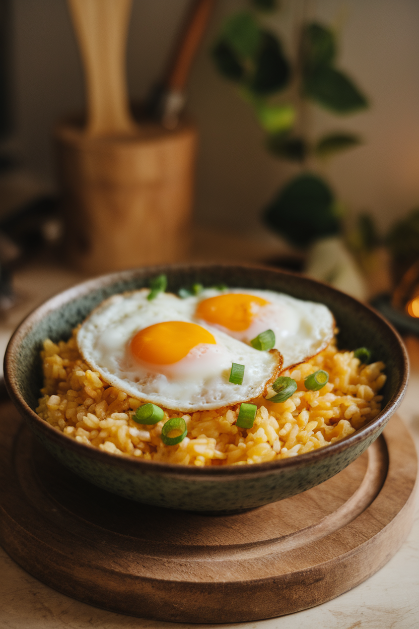 Indoor photo of a rustic bowl of golden garlic butter rice topped with two fried eggs, yolks slightly runny. No text or branding present.