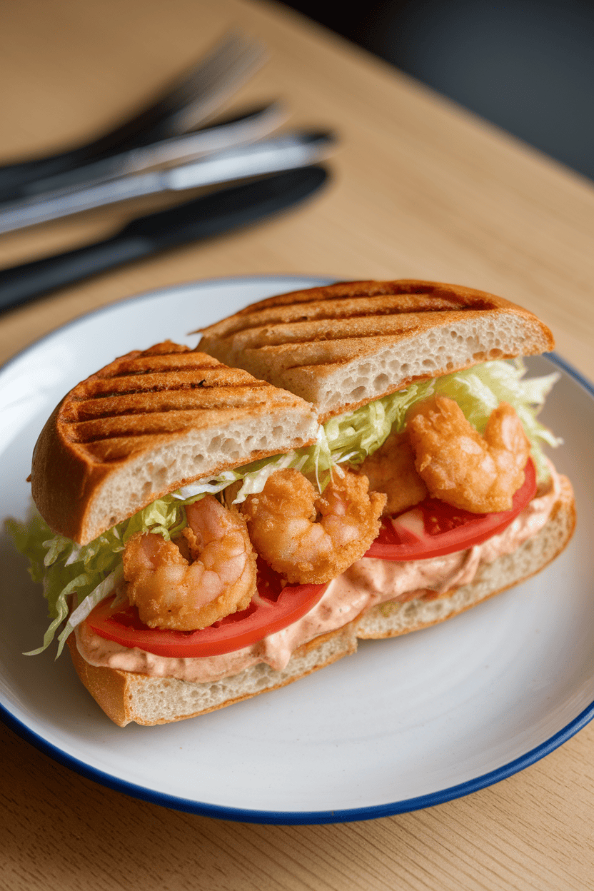 Photo prompt: Indoor close-up of a halved po’boy sandwich on a plain white plate, featuring golden fried shrimp, shredded lettuce, sliced tomato, and a smear of creamy sauce; soft overhead lighting, no text or logos visible, photo only.