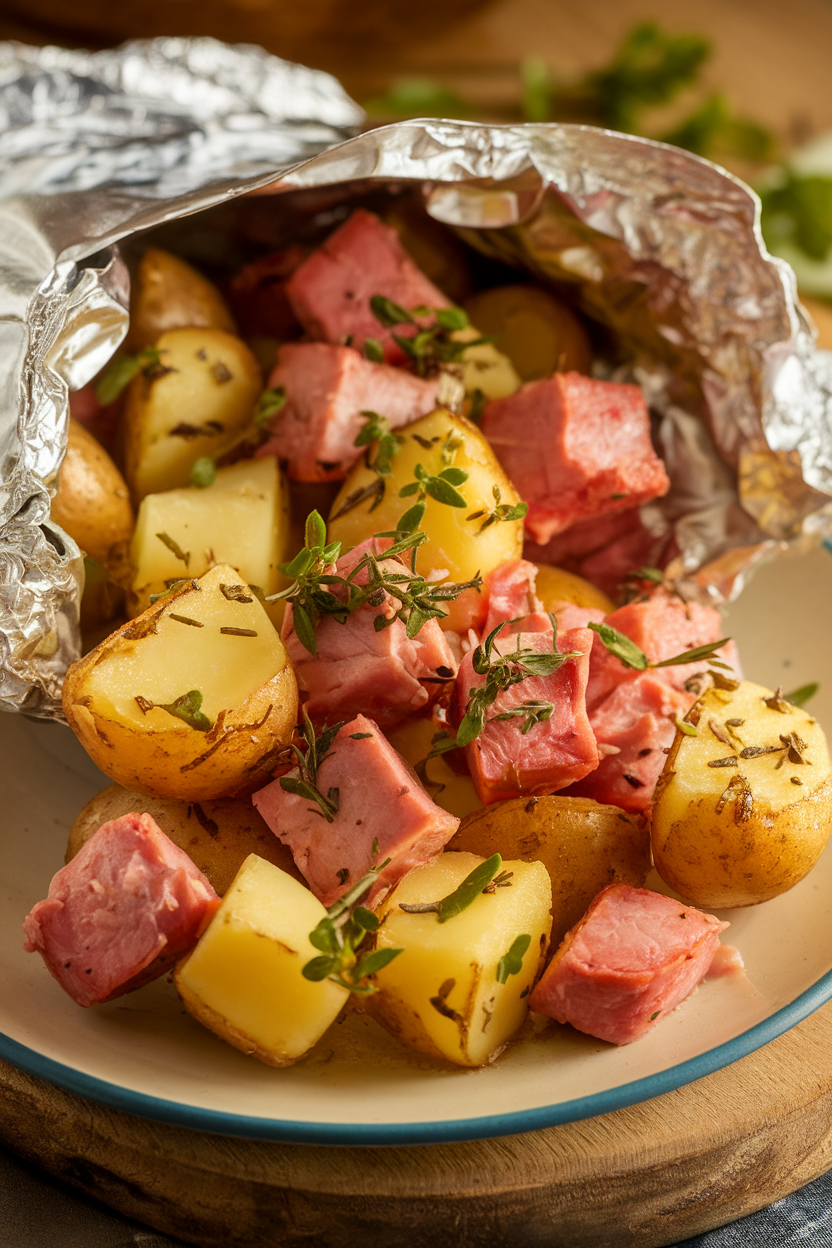 Indoor photo of diced potatoes and ham pieces coated in herbs and butter, spilling from an opened foil packet onto a plate. No text or logos visible.