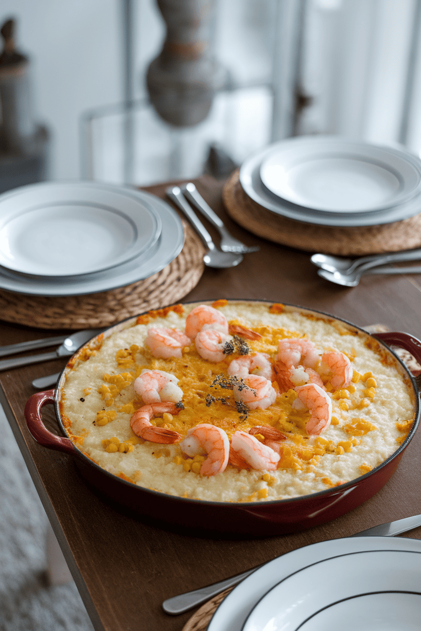 Photo of an indoor dining table showing a baked casserole of creamy grits studded with cooked shrimp and sweet corn, golden cheese crust on top. No text or logos anywhere in scene. Photo, not illustration.