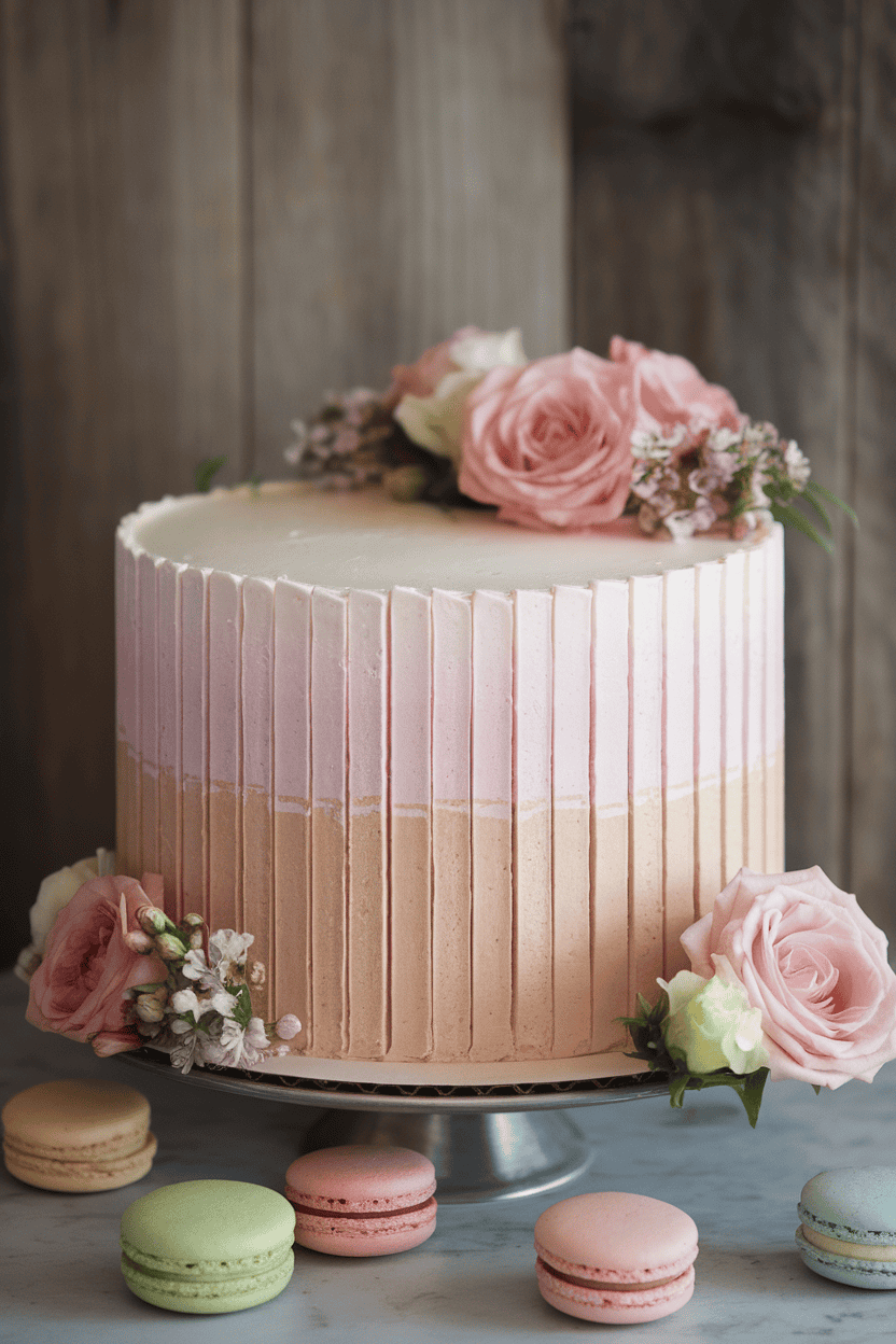 Indoor photo of a round cake with vertical buttercream stripes transitioning from pale pink sunrise at the top to sandy beige at the bottom; no text or logos.