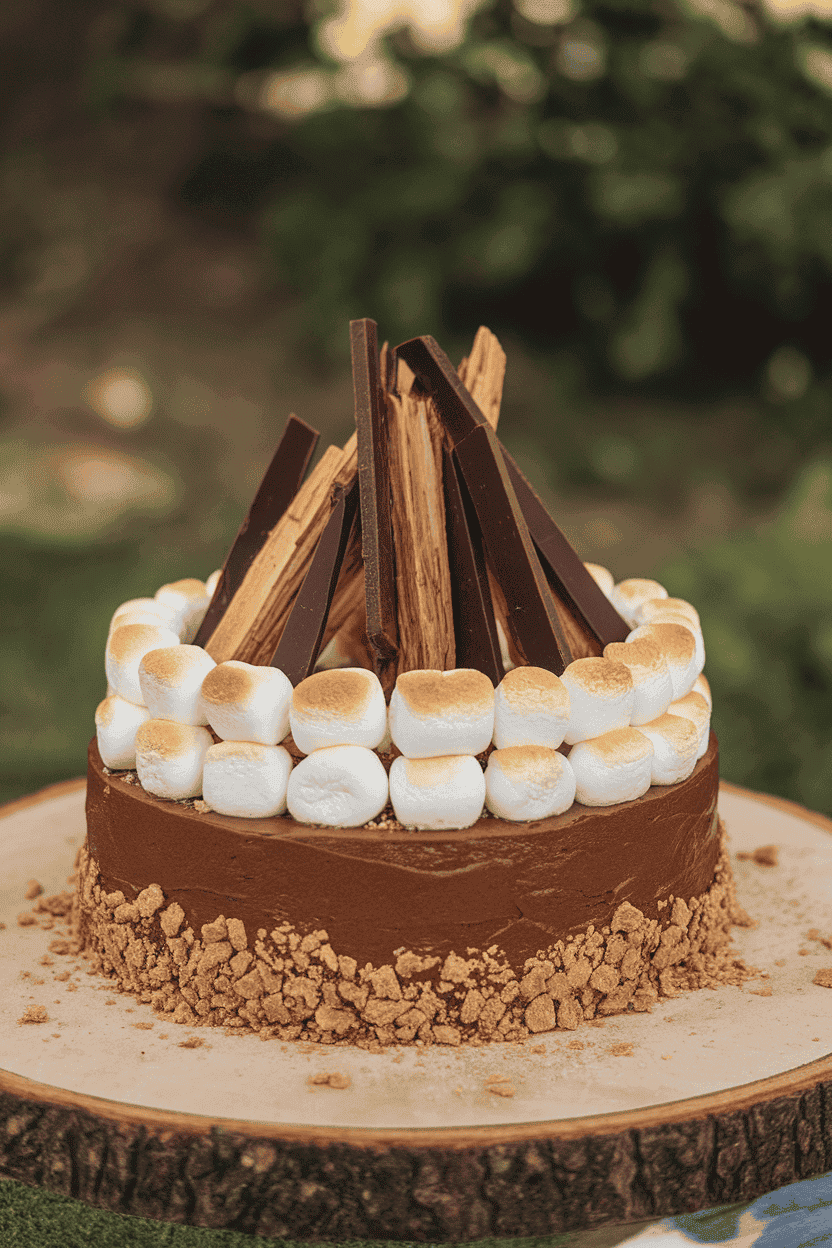Indoor photo of a chocolate cake topped with stacked toasted marshmallows and chocolate shards arranged like a beach bonfire, graham crumbs scattered around; no text or logos.