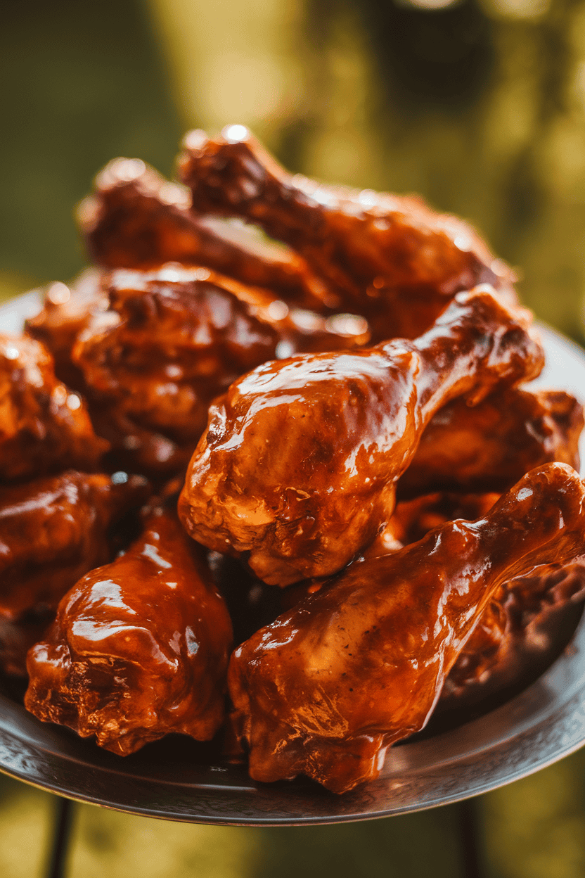 Indoor photo of a platter piled with glazed barbecue chicken drumsticks, slight sheen under warm lighting, no text or logos