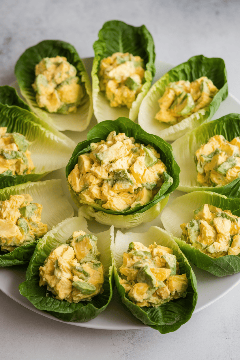 Indoor image of crisp romaine leaves filled with avocado egg salad, arranged on a white platter. Soft lighting, no logos.
