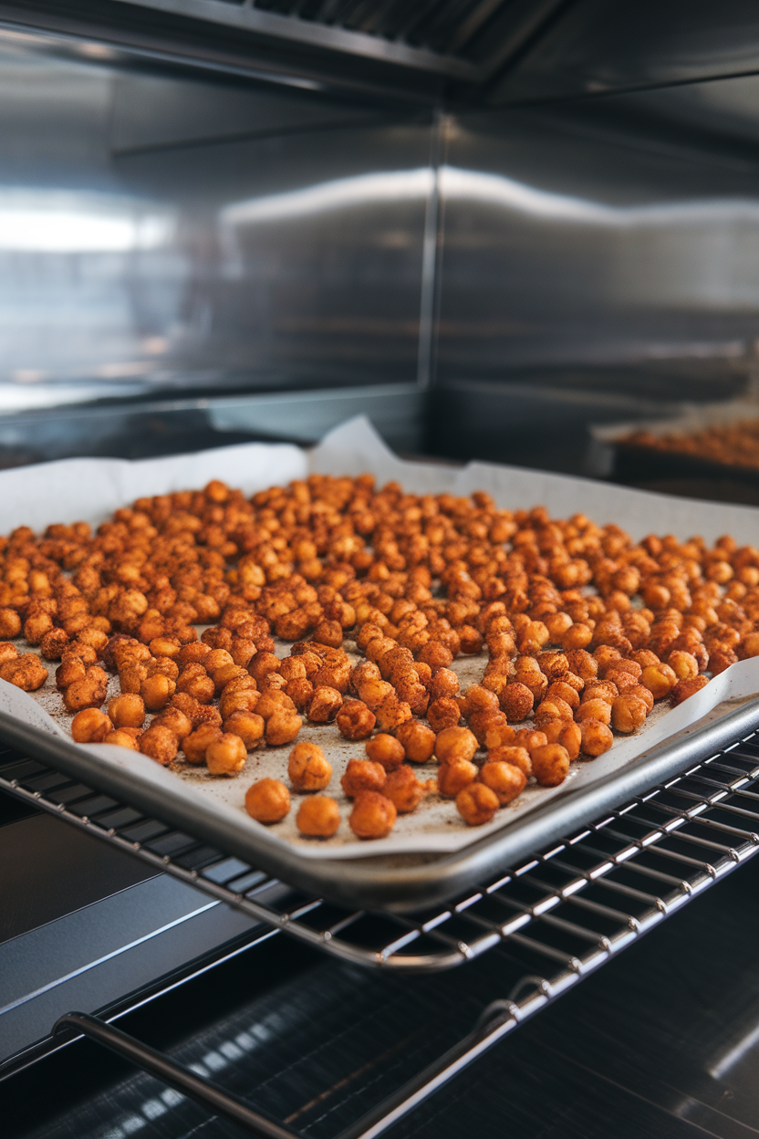 Indoor baking sheet holding crispy roasted chickpeas seasoned with paprika and cumin, cooling on a wire rack. No text or logos present.