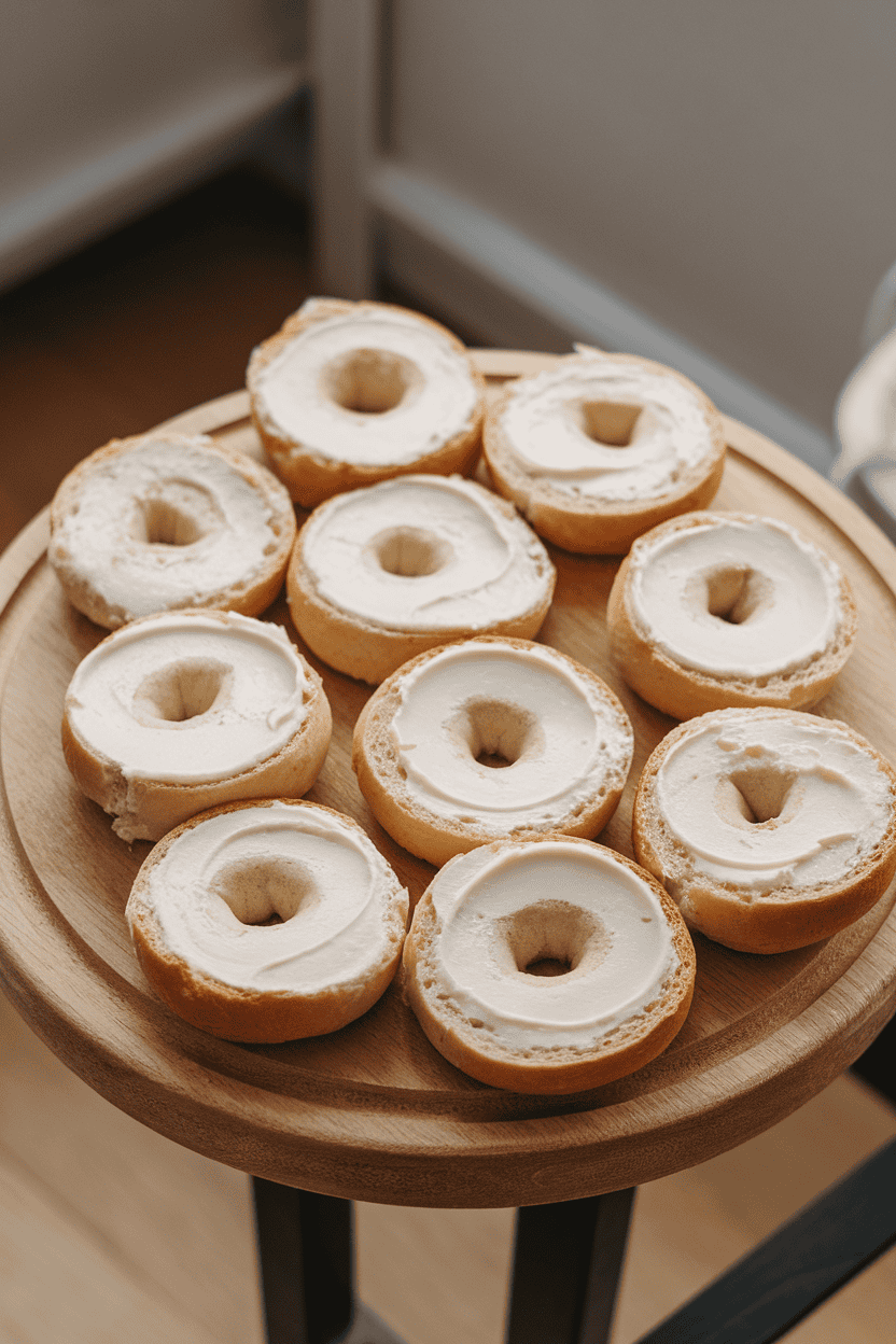 An indoor breadboard holding several mini bagel halves already spread with cream cheese, no text or logos present, photo.