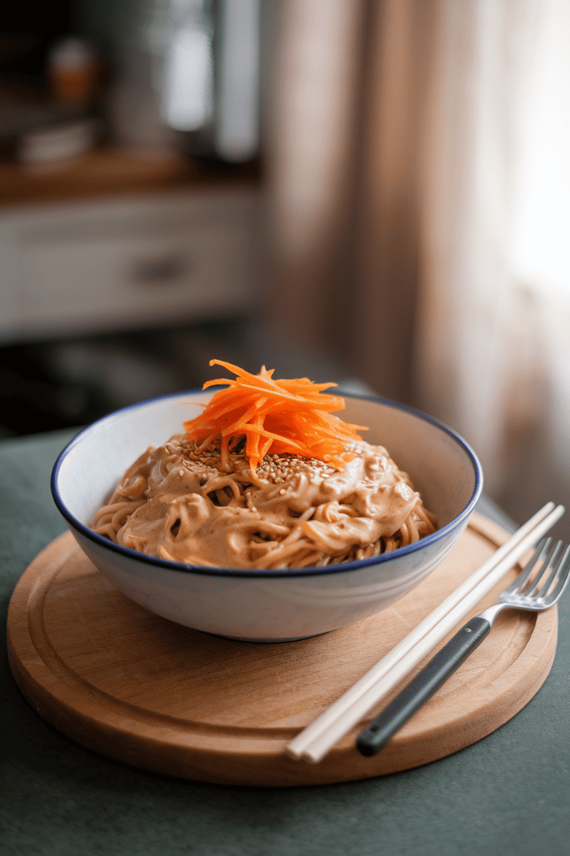 An indoor kitchen table showcasing a bowl of noodles coated in creamy peanut sauce, topped with julienned carrots and sesame seeds. No logos or text.