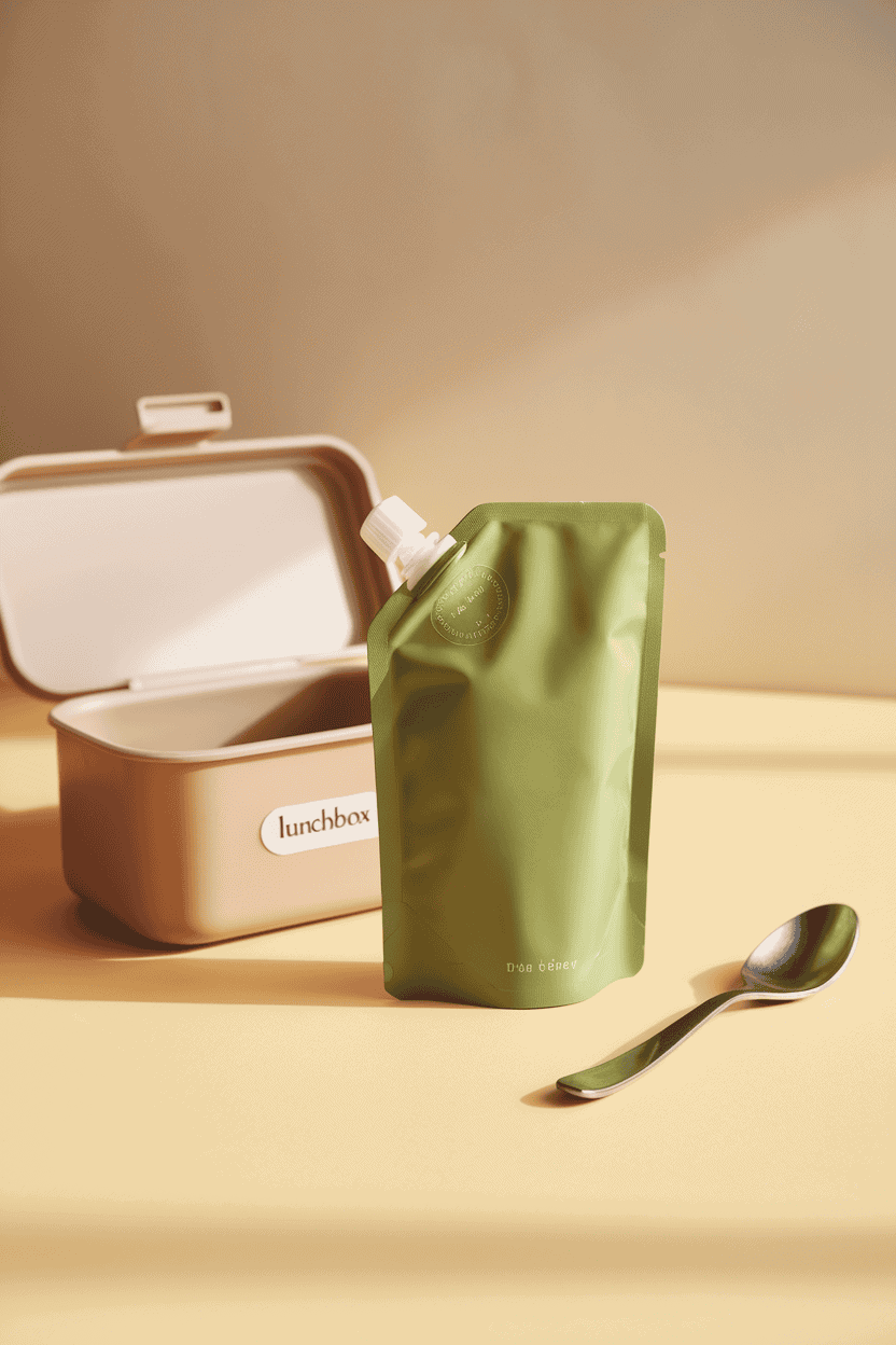 An indoor lunchbox scene with a green resealable applesauce pouch standing upright next to an open lid, soft light, no text or logos on the pouch.