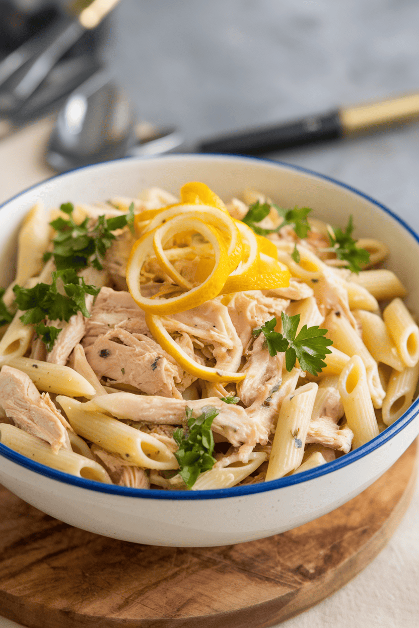 Photo prompt: Indoor serving bowl holding penne pasta salad with shredded chicken, parsley, and lemon zest ribbons; no logos, no text.