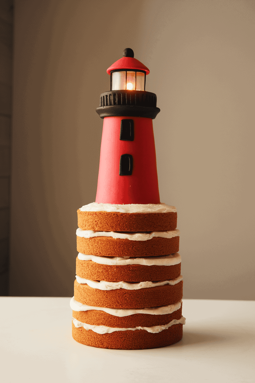 Indoor photo of a tall, narrow pound cake stacked and carved into a lighthouse, with red fondant stripes and a small LED tea light at the top; no text or logos.