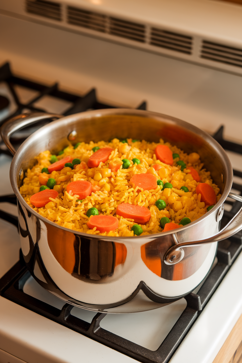 Indoor photo of a pot of yellow curry rice dotted with frozen peas, carrots, and corn, resting on a stovetop. No branding or text in view.