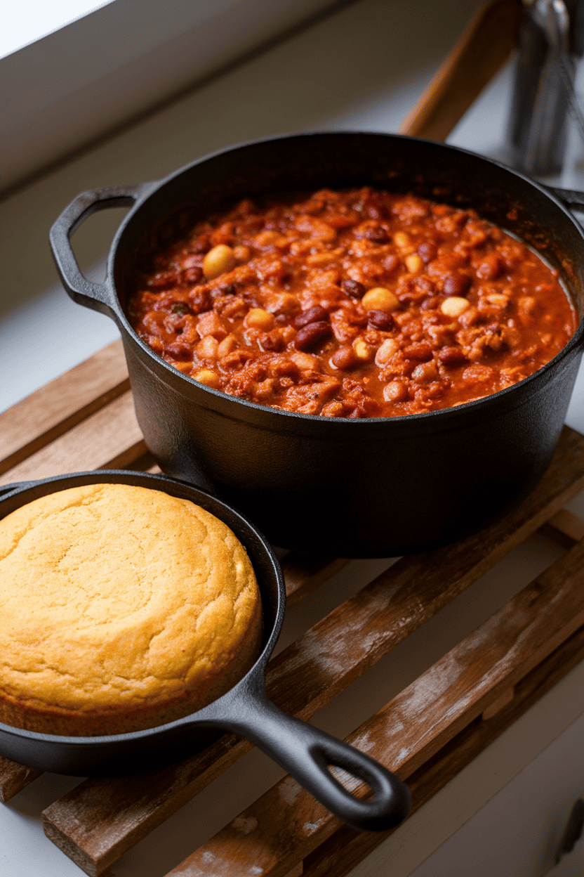 Photo of a cast-iron pot filled with thick turkey chili alongside a small skillet of golden cornbread, both resting on a wooden trivet indoors. Soft light highlights the beans and tomatoes; no logos or text.