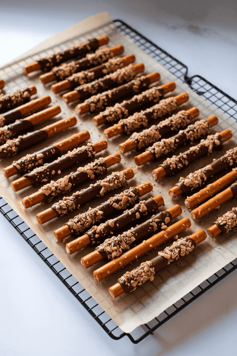 An indoor cooling rack lined with parchment paper holding pretzel rods half-coated in dark chocolate and sprinkled with crushed nuts. Soft overhead lighting; no text or logos.