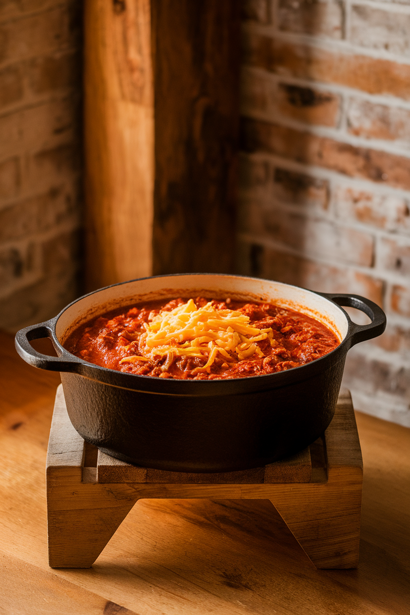 Indoor photo of a red chili bubbling in a cast-iron pot, topped with a scatter of shredded cheese beginning to melt. Soft amber lighting; no text or logos anywhere.