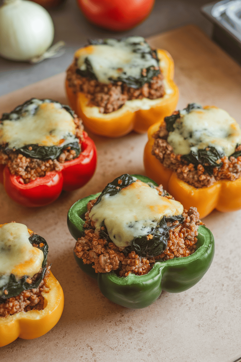 Indoor countertop with halved bell peppers filled with ground turkey, quinoa, and wilted spinach, cheese melted on top; no logos or text visible.