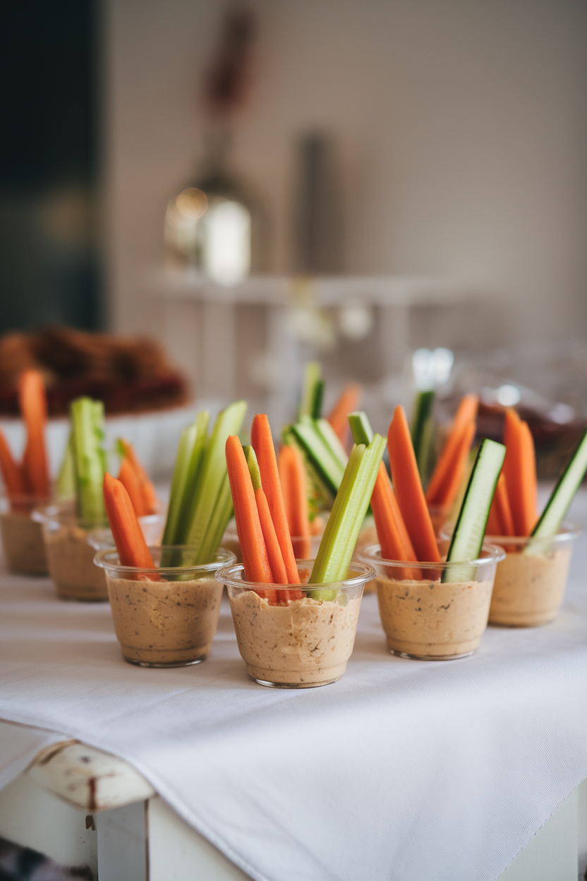 An indoor dining table displaying small clear cups each holding a dollop of hummus with carrot, celery, and cucumber sticks standing upright. No branding visible.