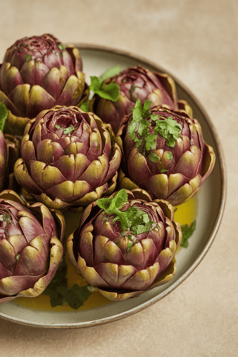 A shallow indoor serving plate featuring cooked baby artichokes gathered upright, glistening with olive oil and sprinkled with chopped mint and parsley. No text or logos. Photo, not illustration.
